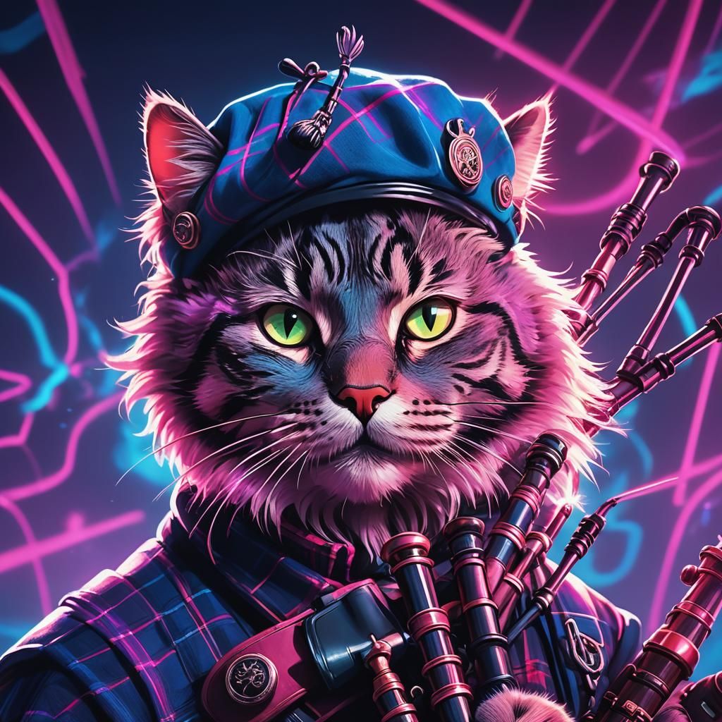 Neon Cat Plays Bagpipes in Synthwave Style