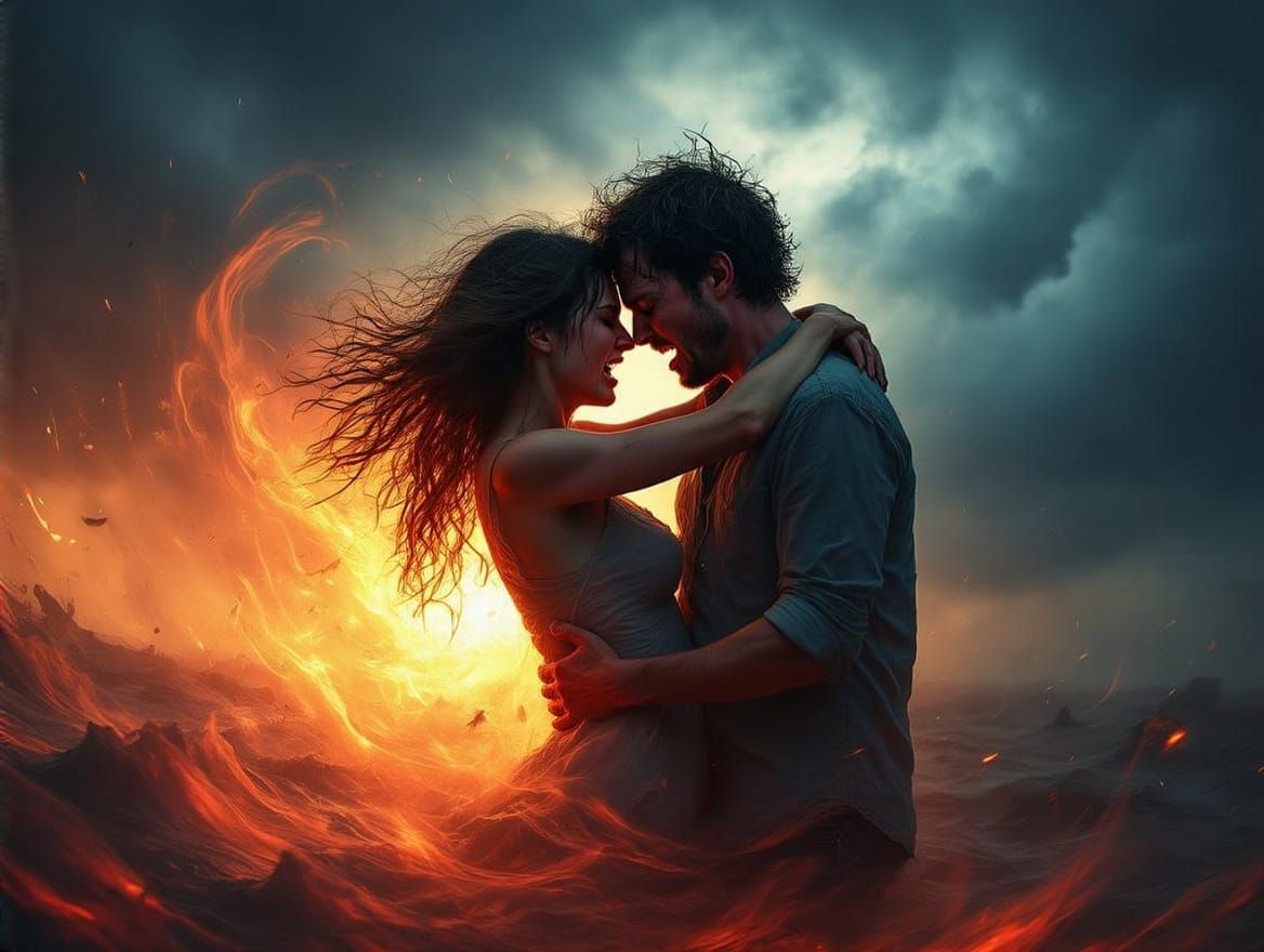 Couple Embracing in Vibrant, Stormy Chaos