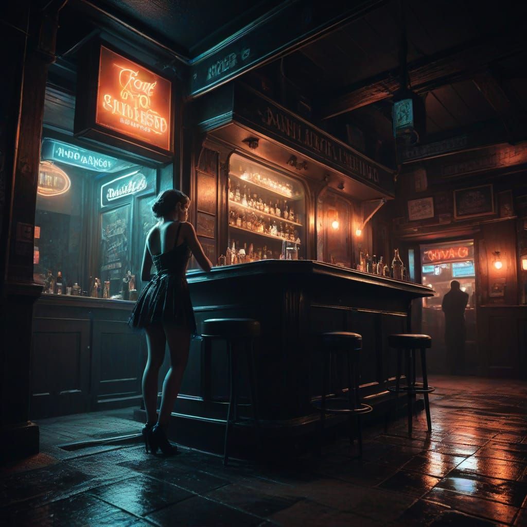 Fantasy Film Noir Fairy Tends Bar in Moody Pub