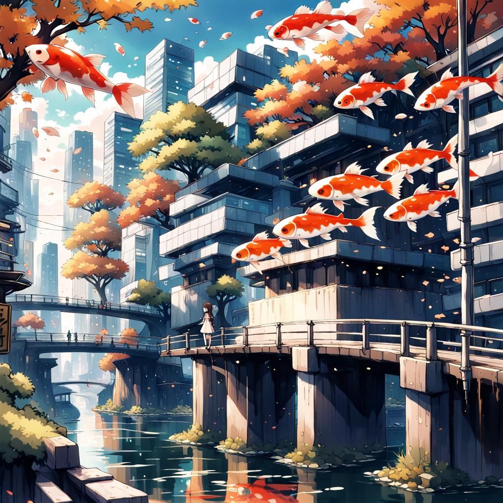 Anime Girl and Koi in Futuristic City