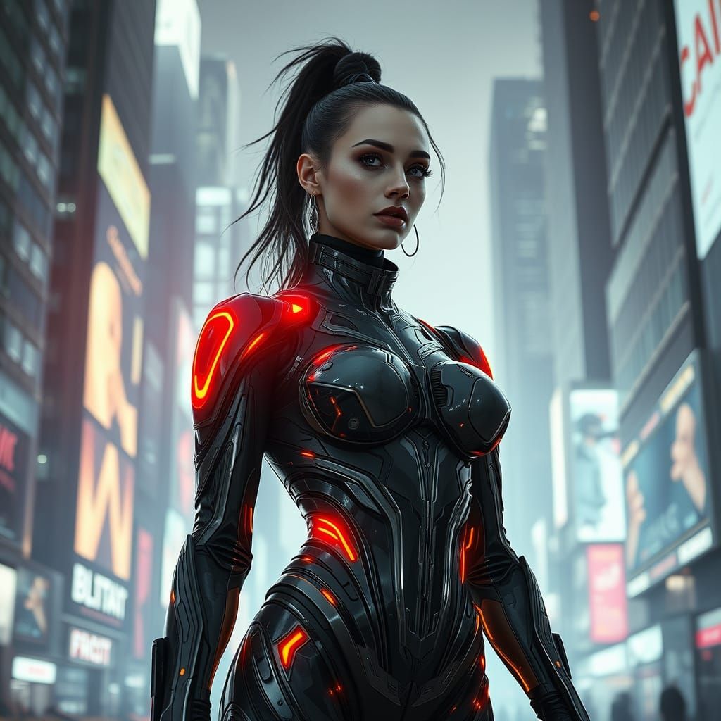 Futuristic Woman in Metallic Exosuit