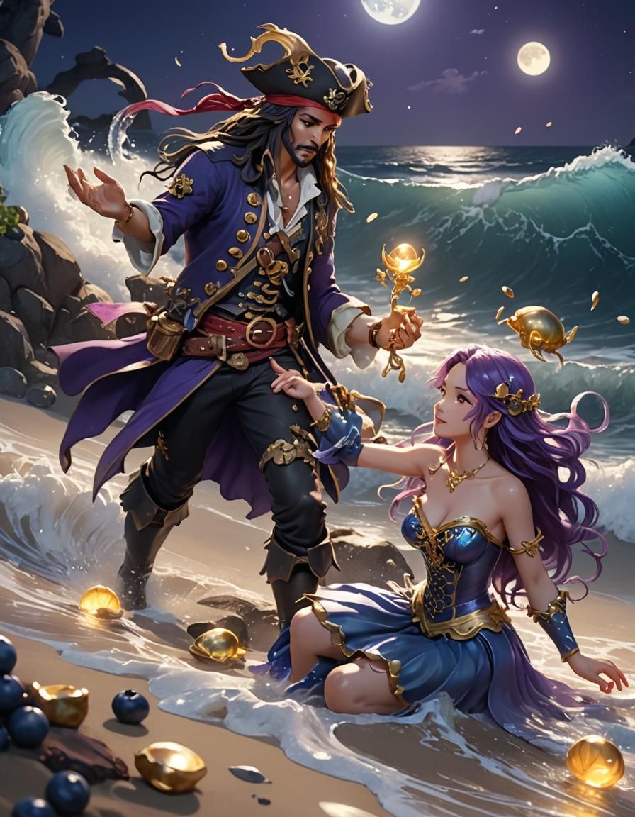 Pirate and Mermaid on Moonlit Beach in Anime Style