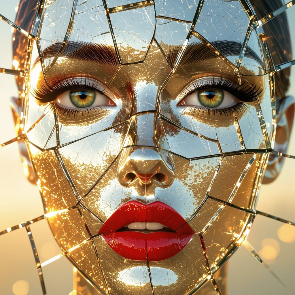 Shattered Glass Face with Hazel Eyes and Red Lips