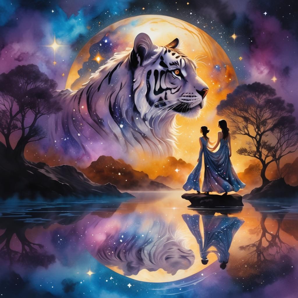 Celestial Sumi-e: Woman and Maltese Tiger in Cosmic Realm