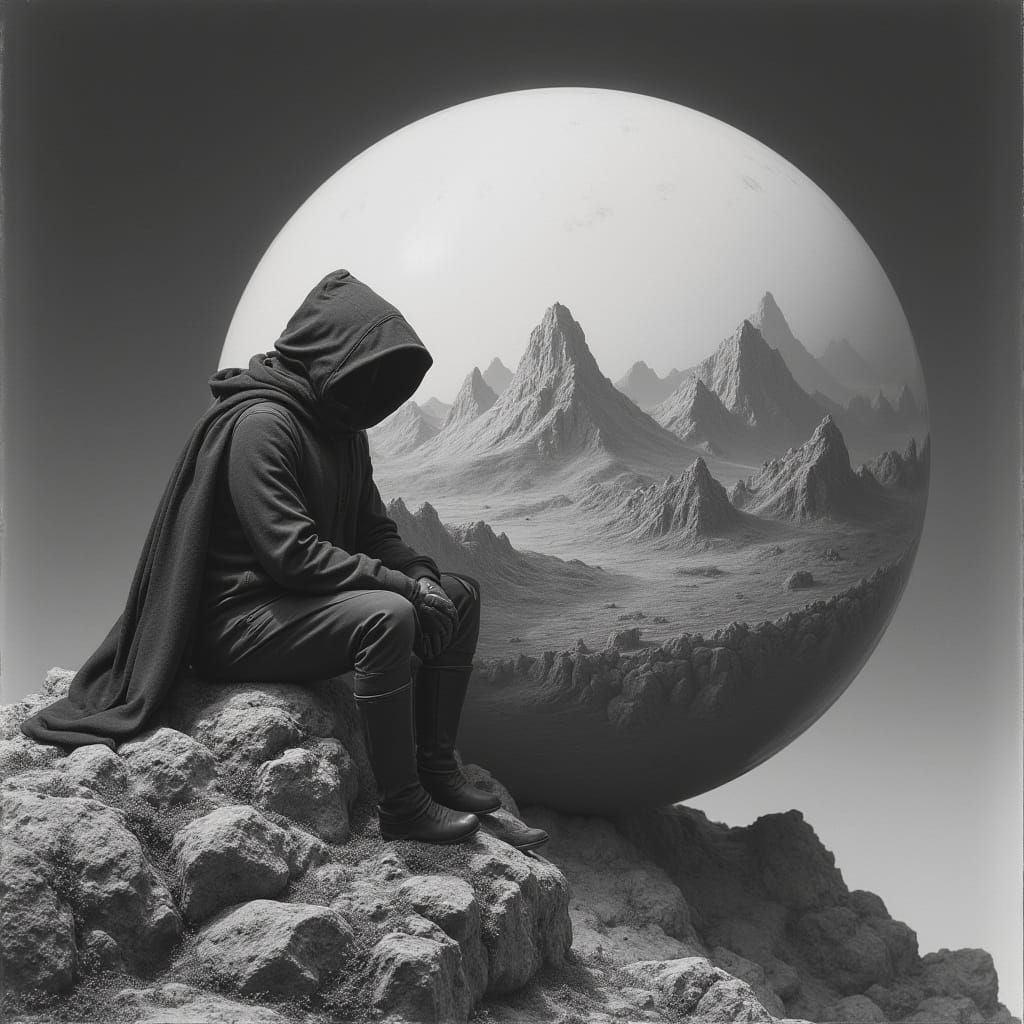 A Man Contemplating a Microcosmic World in a Futuristic Land...