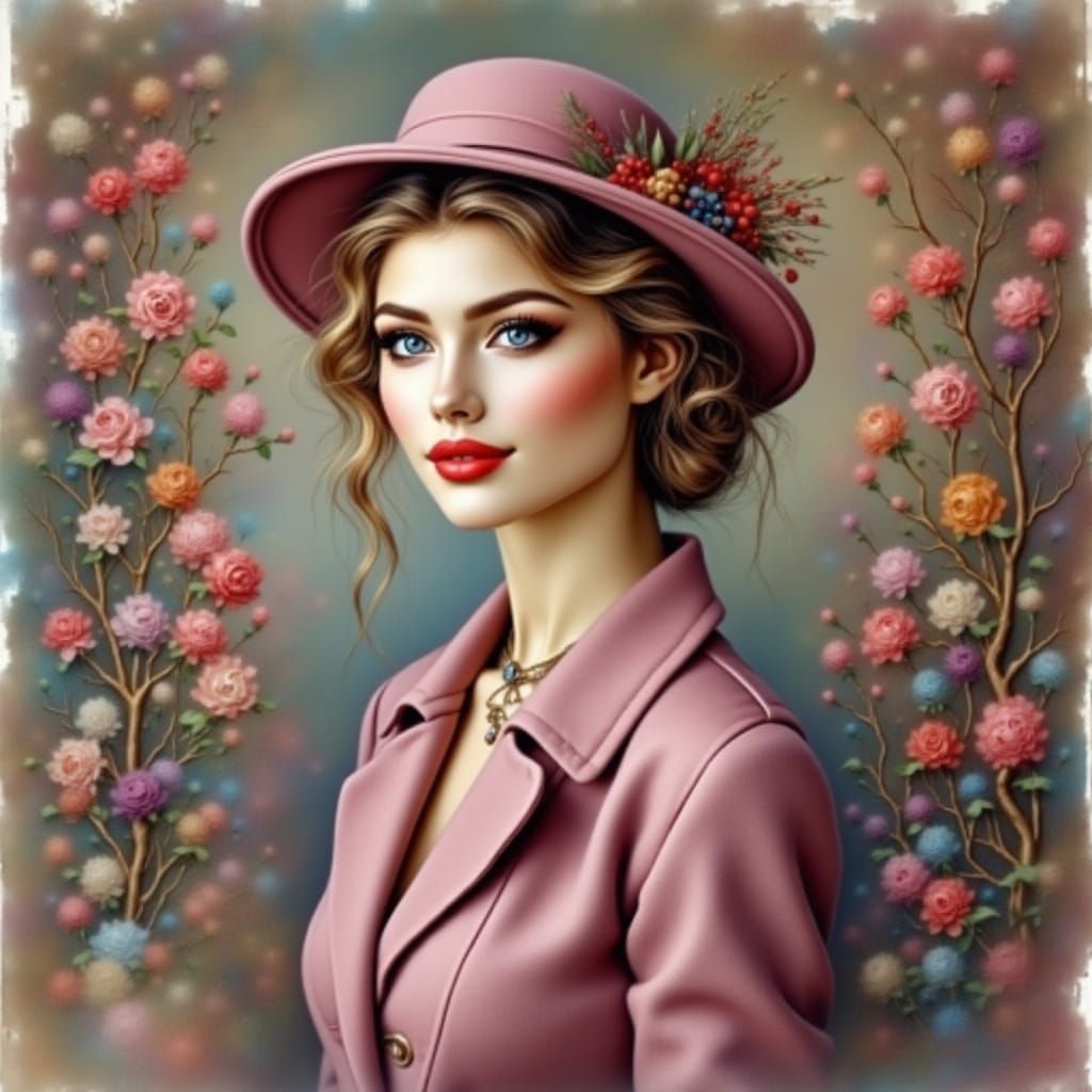 Vintage 60s Girl in Mauve Hat and Dress