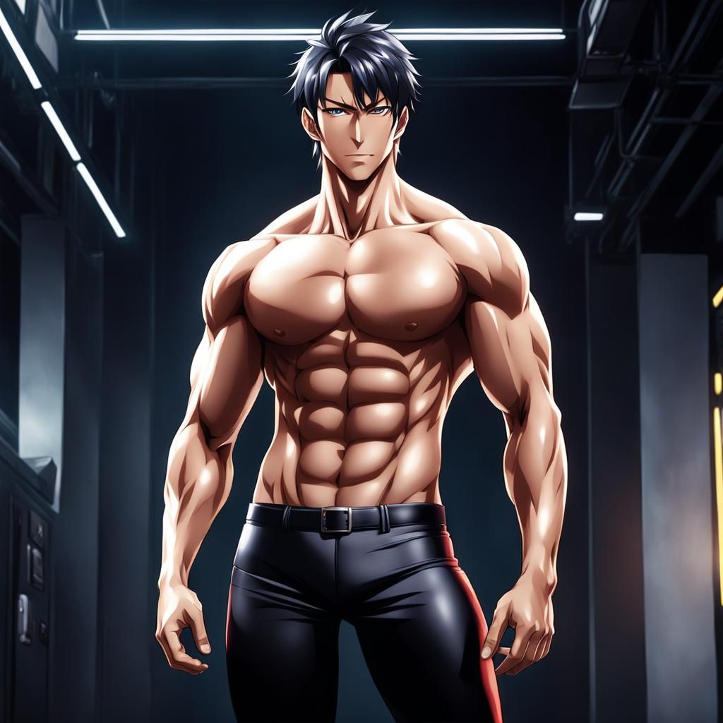 Shirtless Man in Skin-Tight Clothes in Anime Style