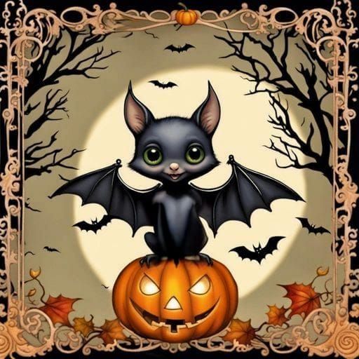Adorable Bat Halloween Postcard in Burton Style