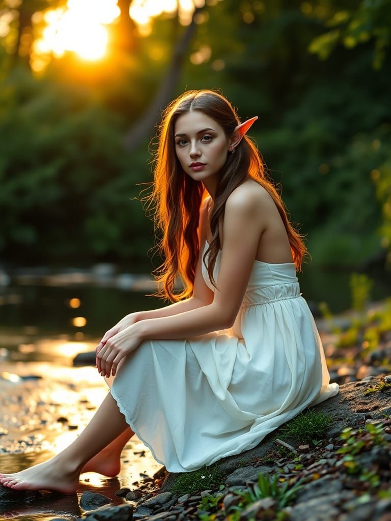 Elf Woman by Stream in Golden Hour Light