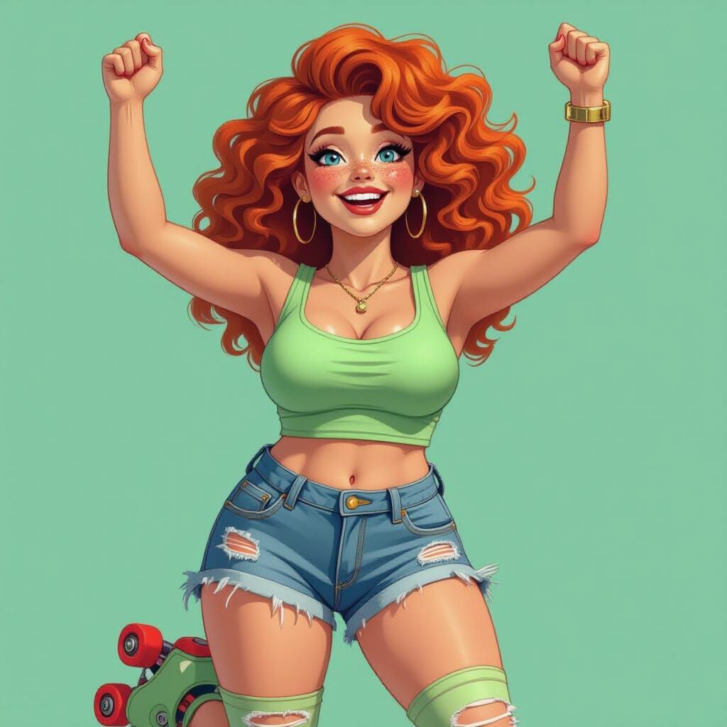 Plus-Size Woman on Roller Skates in Hyper-Realistic Style