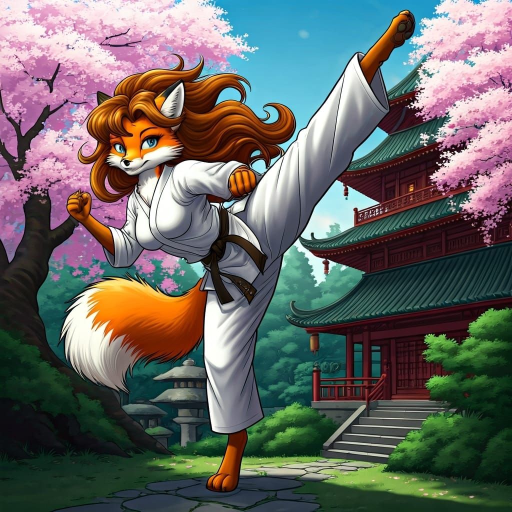 Fox Lady Performs Flying Kick in Japanese Garden