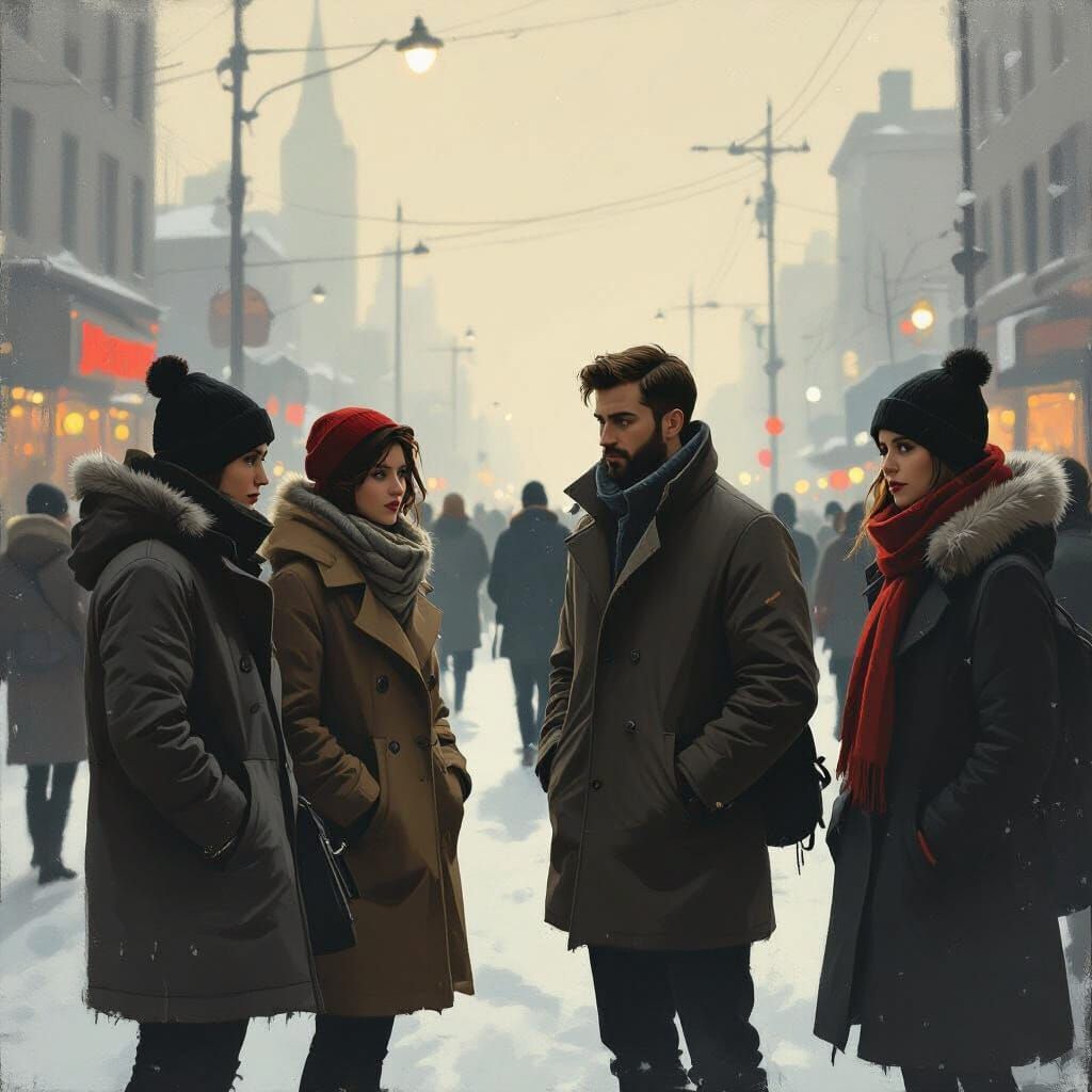 Confused People in Cityscape, Melancholic Painting Style