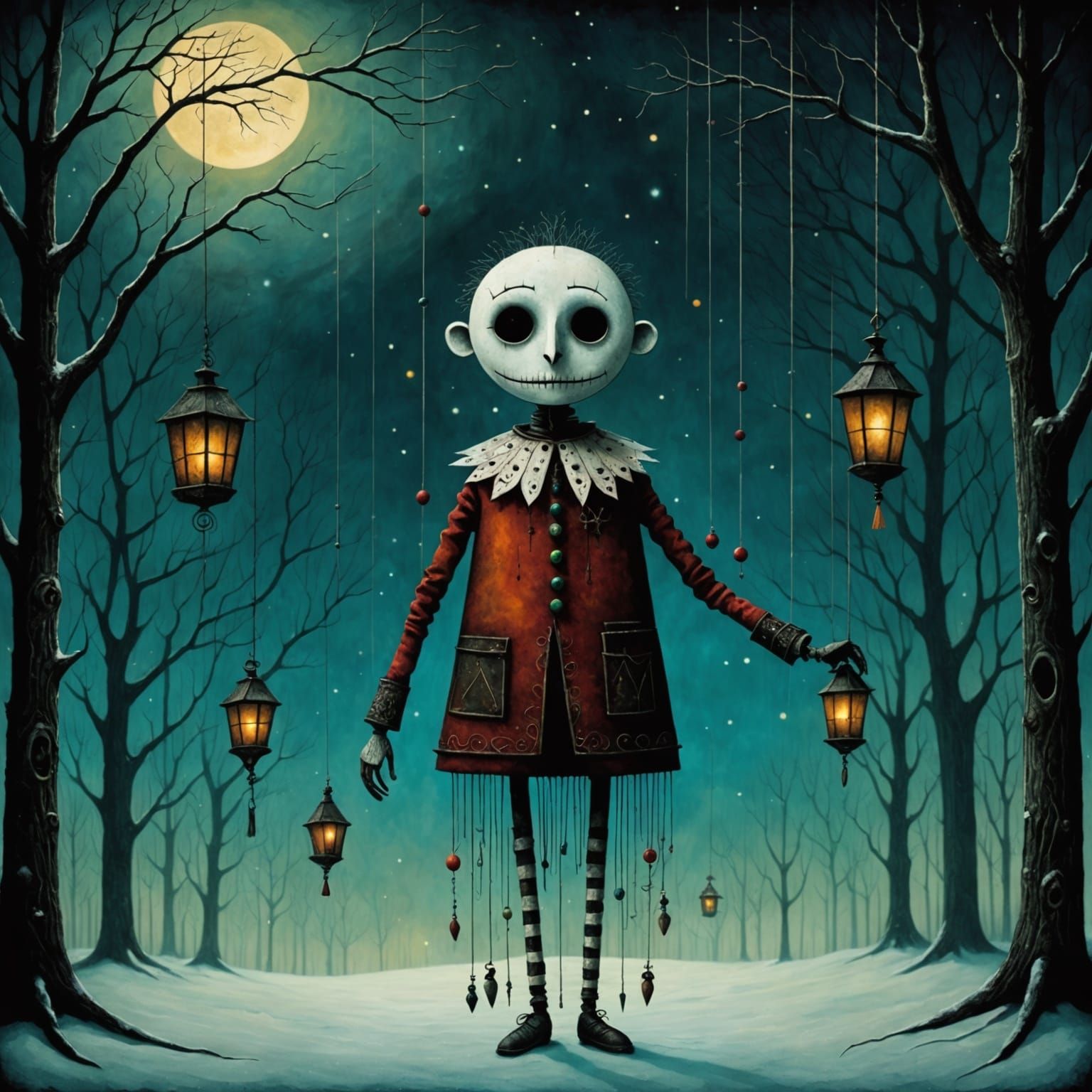 Creepy Marionette in Gloomcore Winter Landscape