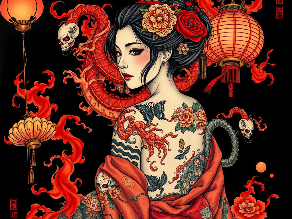 Geisha Tattoo Art with Skulls and Serpents
