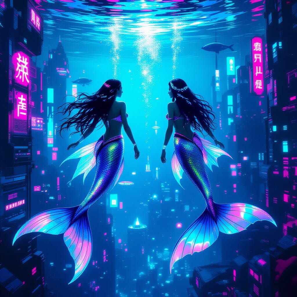 Neon Cyberpunk Mermaids in Underwater City