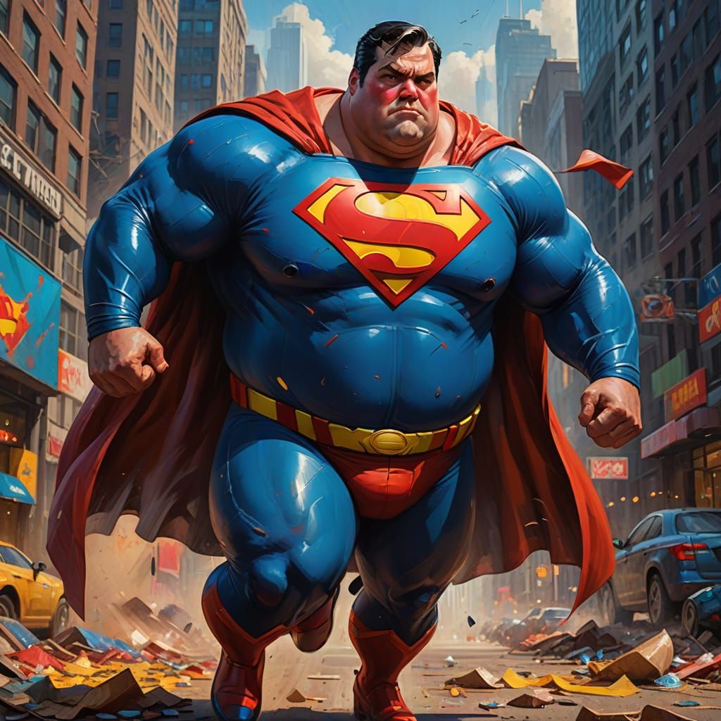 Fat Superman in Vibrant Oil Painting Style