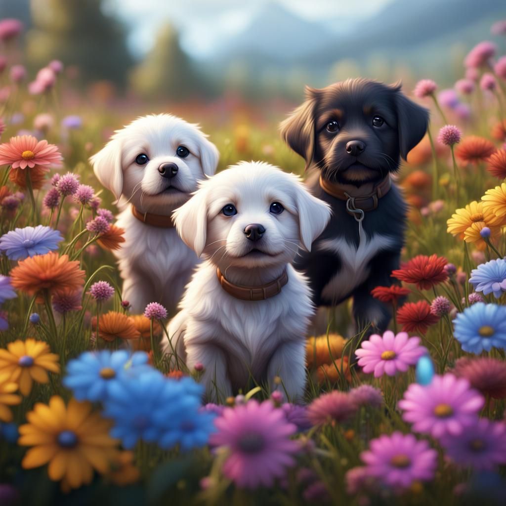 Puppies Playing in a Colorful Flower Meadow