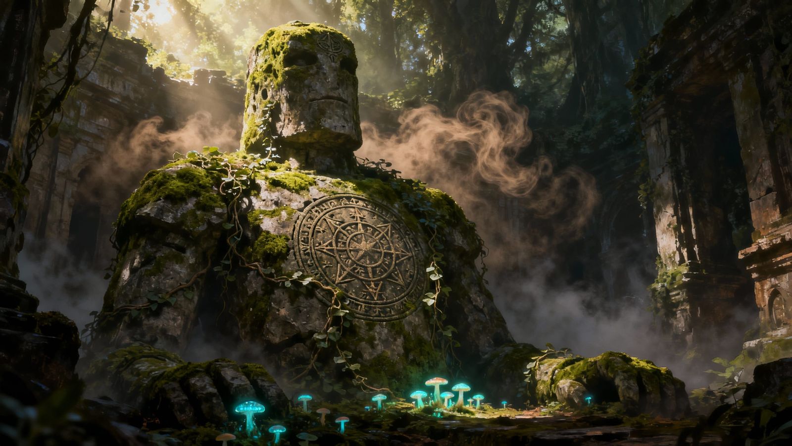 Moss-Covered Stone Golem in Misty Ruins