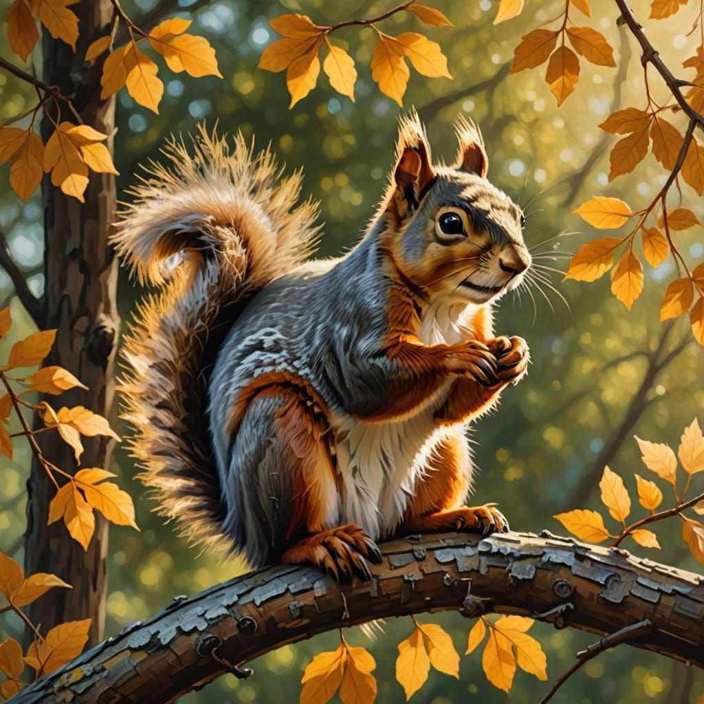 Feathered Squirrel on Branch in Impressionist Oil Painting