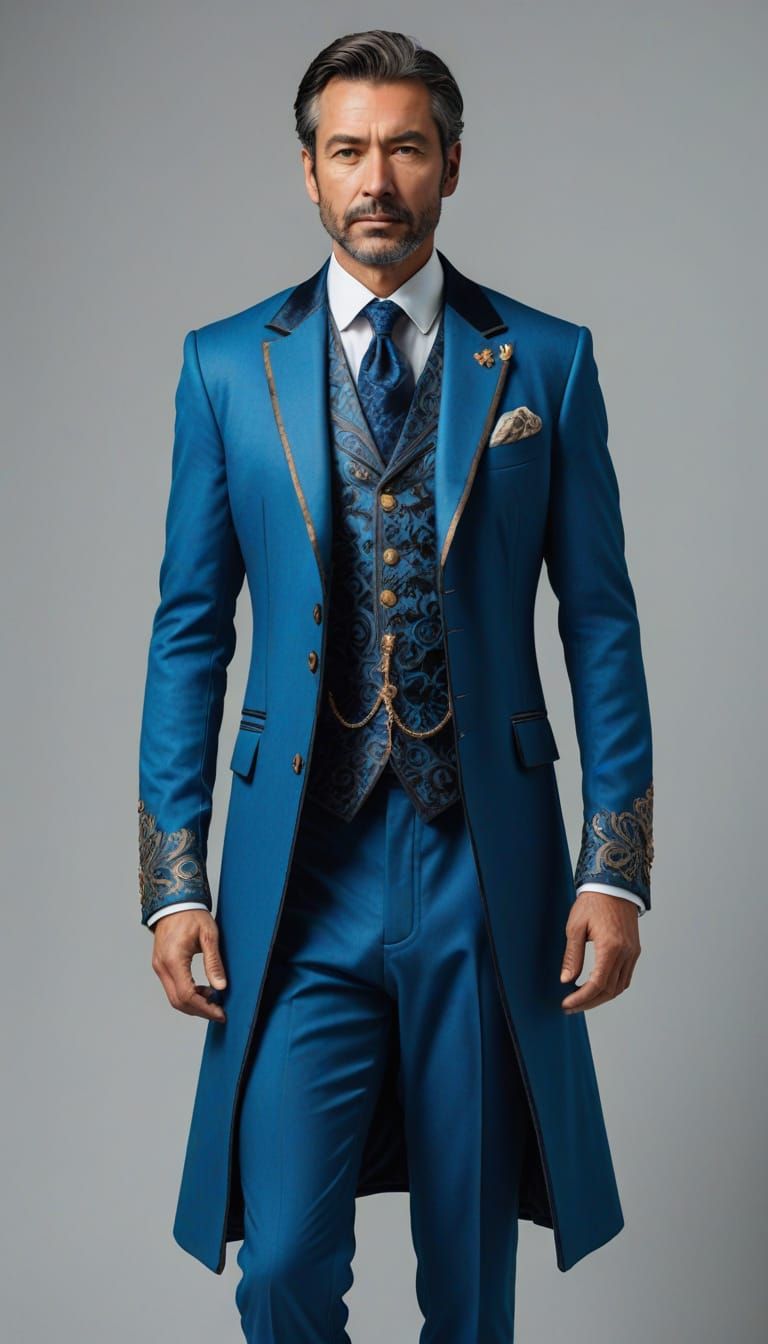 Man in Blue Fantasy Noble Suit Outfit