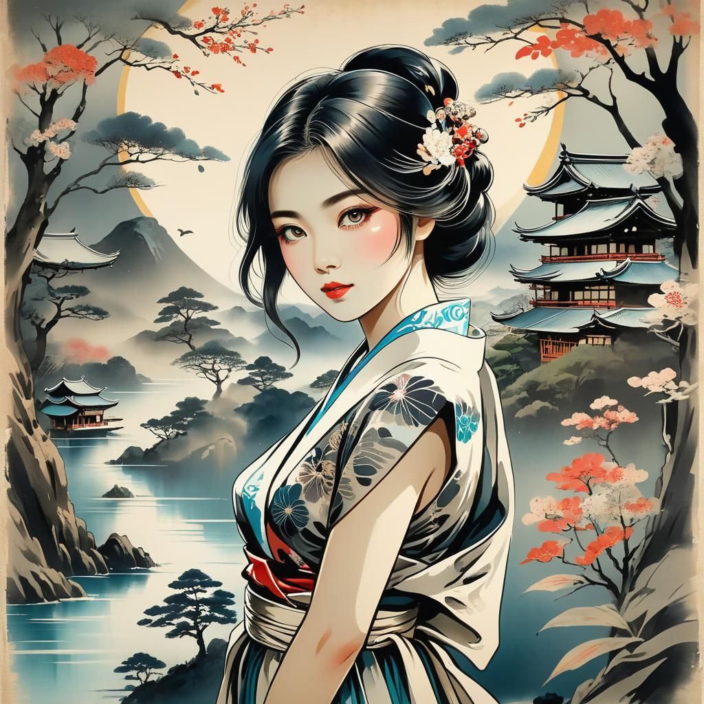 Vintage Japanese Ink Landscape with Beautiful Woman