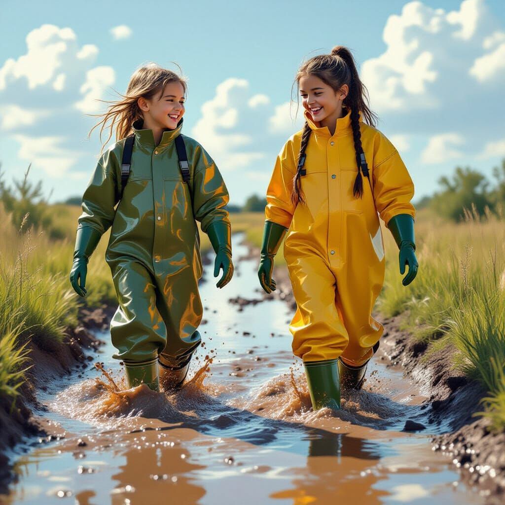 Joyful Girls Muddy Adventure in Vibrant Digital Art