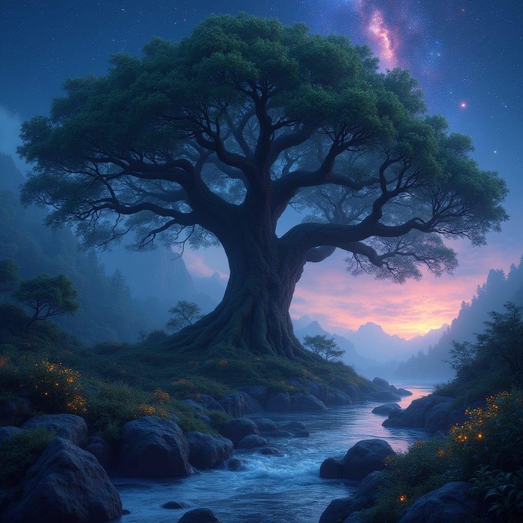 Ancient Oak Tree Under Cosmic Twilight Sky