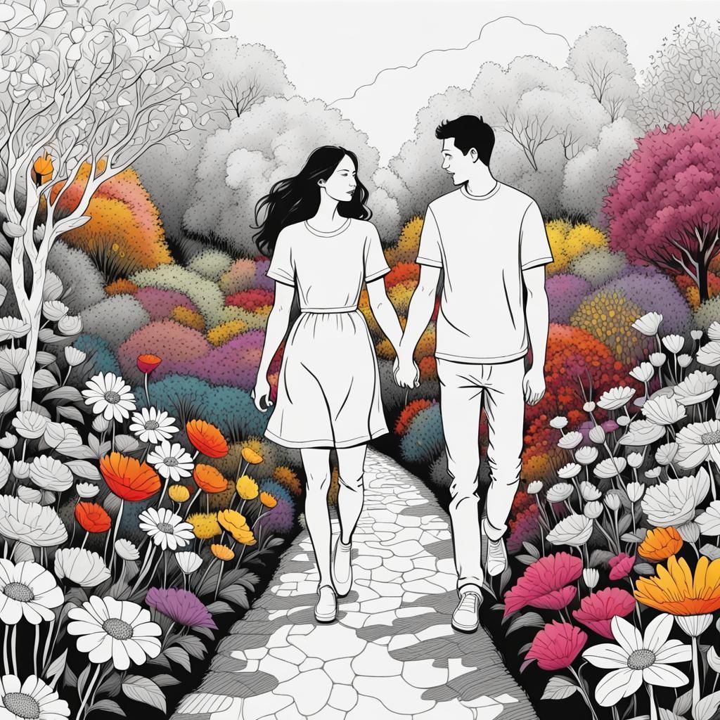 Couple Holding Hands in Flower Garden Sketch