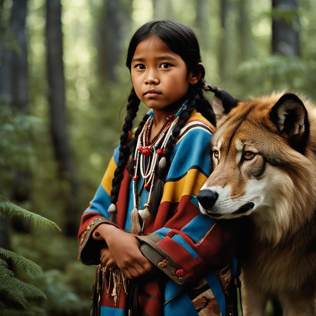 Native American Girl Portrait with Forest Animals