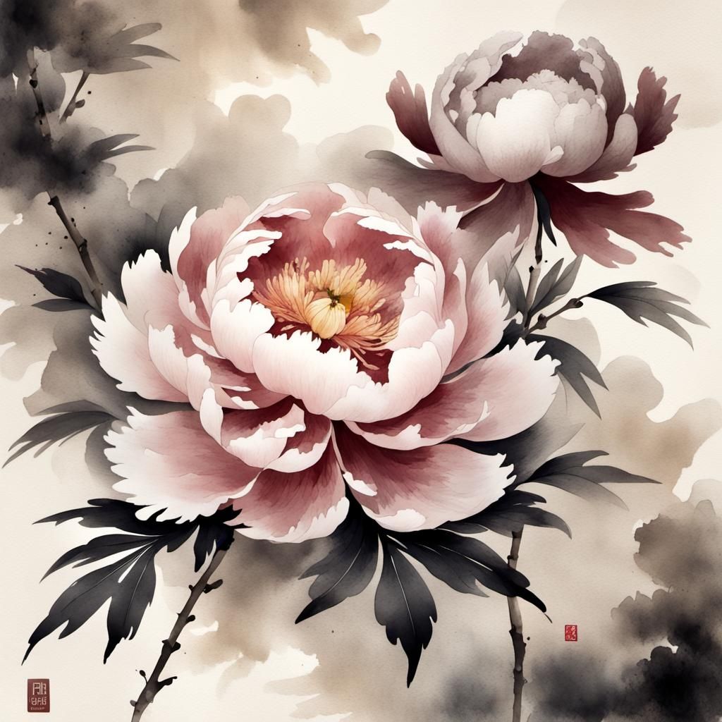 Peony in Chinese Ink Painting Style
