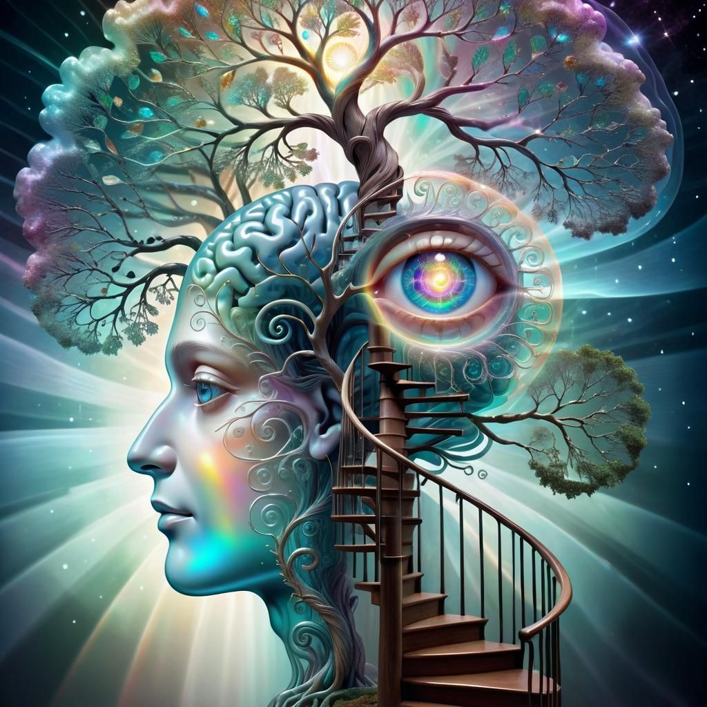 Surreal Staircase to Wisdom Tree Inside Human Brain
