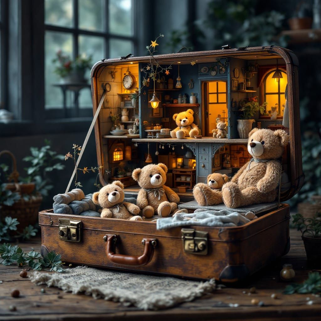 Teddy Bears in a Dollhouse Suitcase