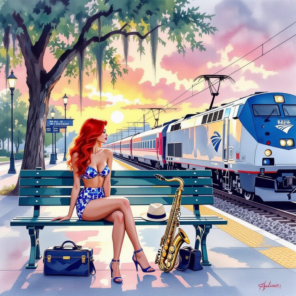 Railway Station Vista with Pin-Up Girl in Gouache Style