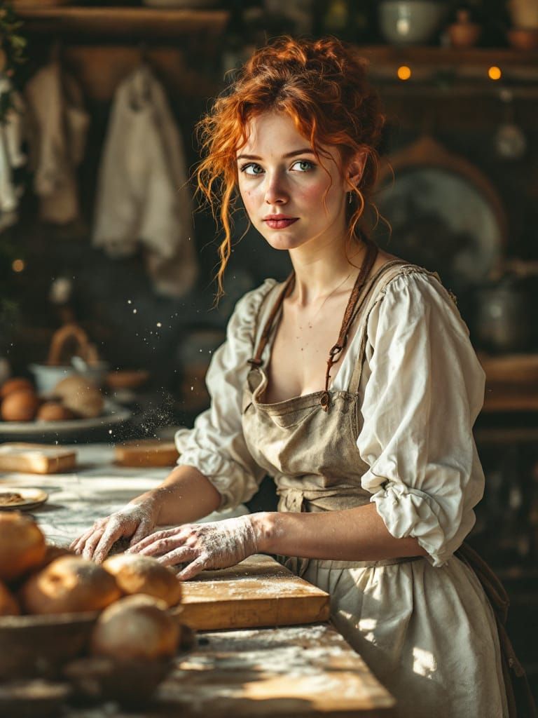 Redhead Baker Kneading Dough in Softly Lit Kitchen