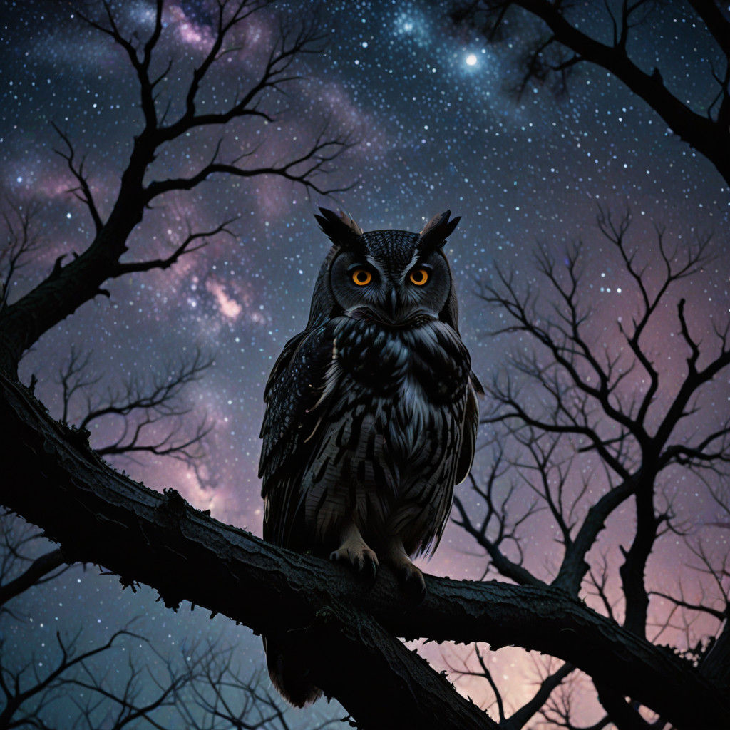 Majestic Owl Under Starry Night Sky in Cinematic Film Style