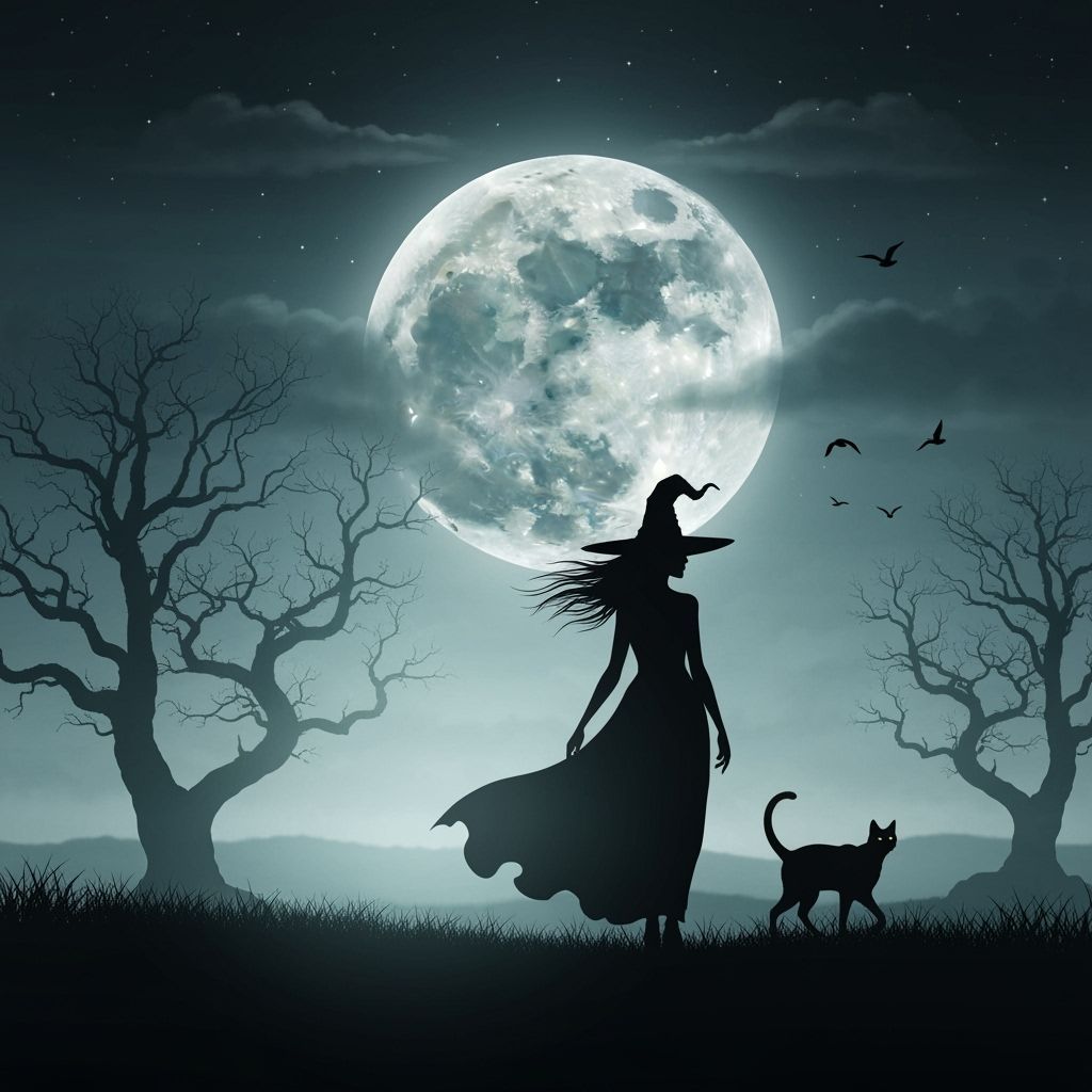 Mystical Witch Silhouette Under Glowing Full Moon