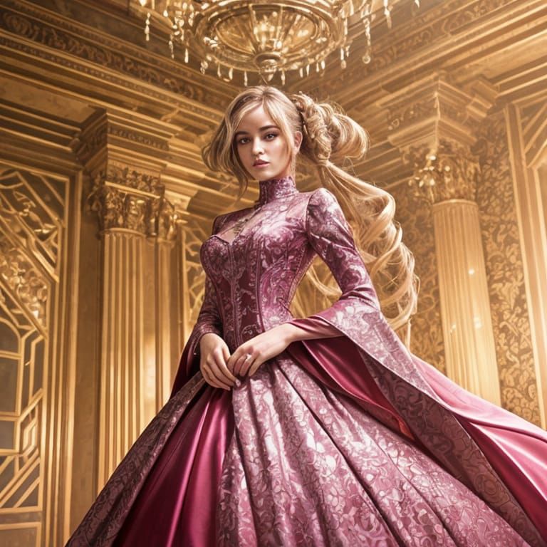 Pink-Haired Cyborg Girl in Brocade Gown