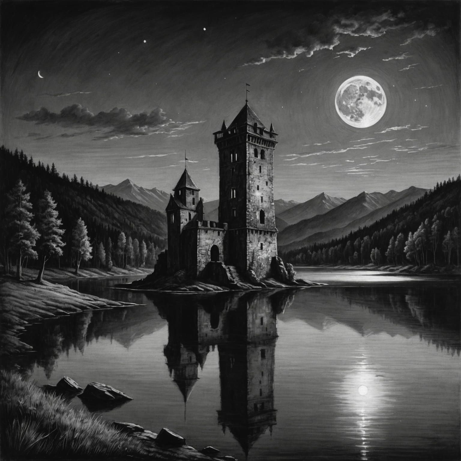 Moonlit Ruined Tower Reflected in Lake: Charcoal Drawing