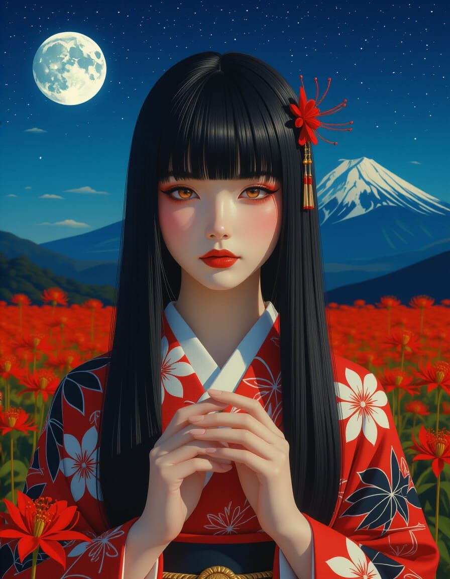 Japanese Woman in Kimono with Spider Lilies