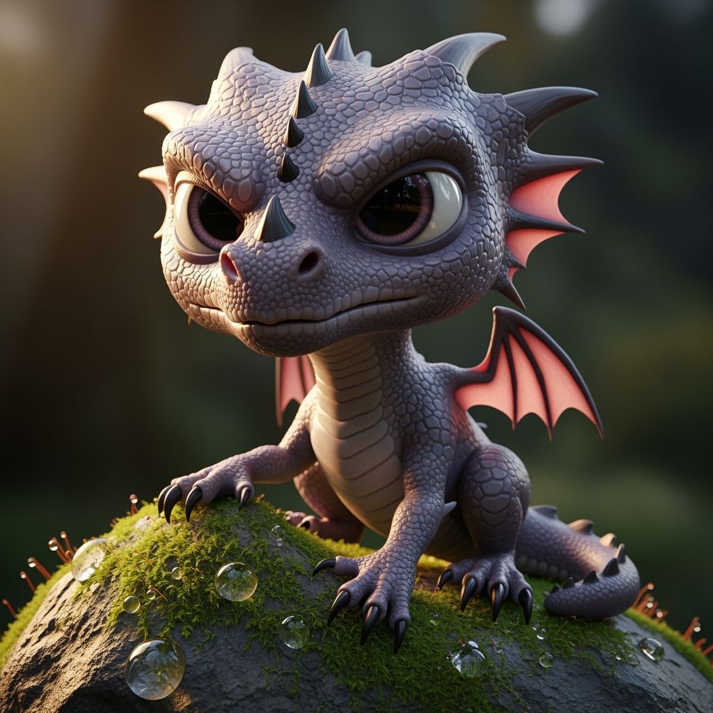 Adorable Greyish Purple Dragon Sits on Mossy Rock