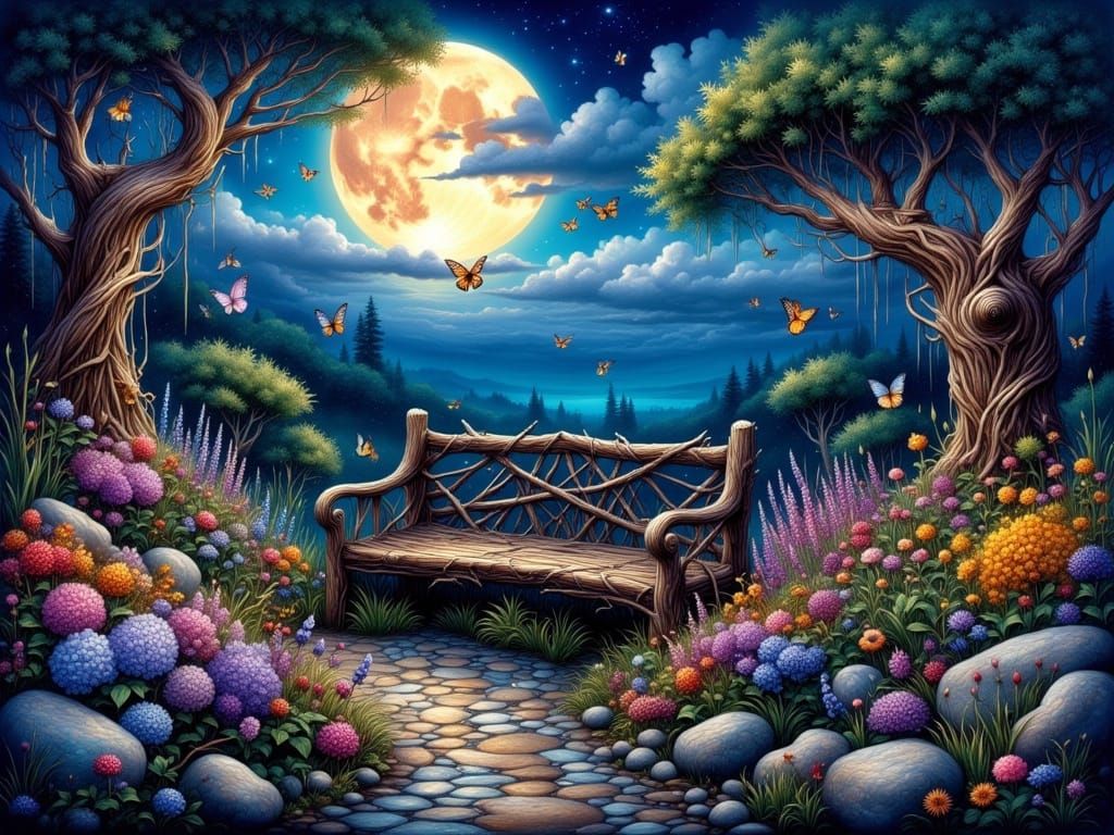 Moonlit Rock Garden in Whimsical Watercolor