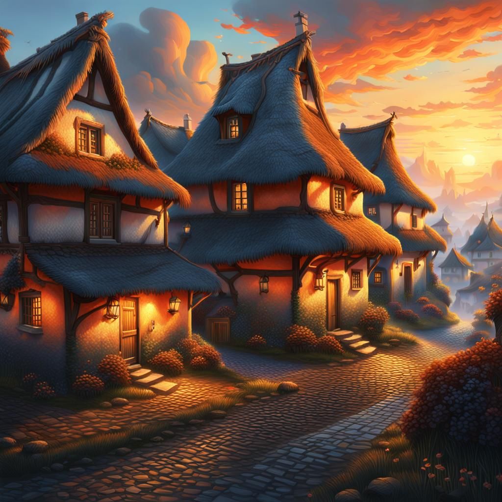 Village at Sunset: Detailed Matte Oil Painting