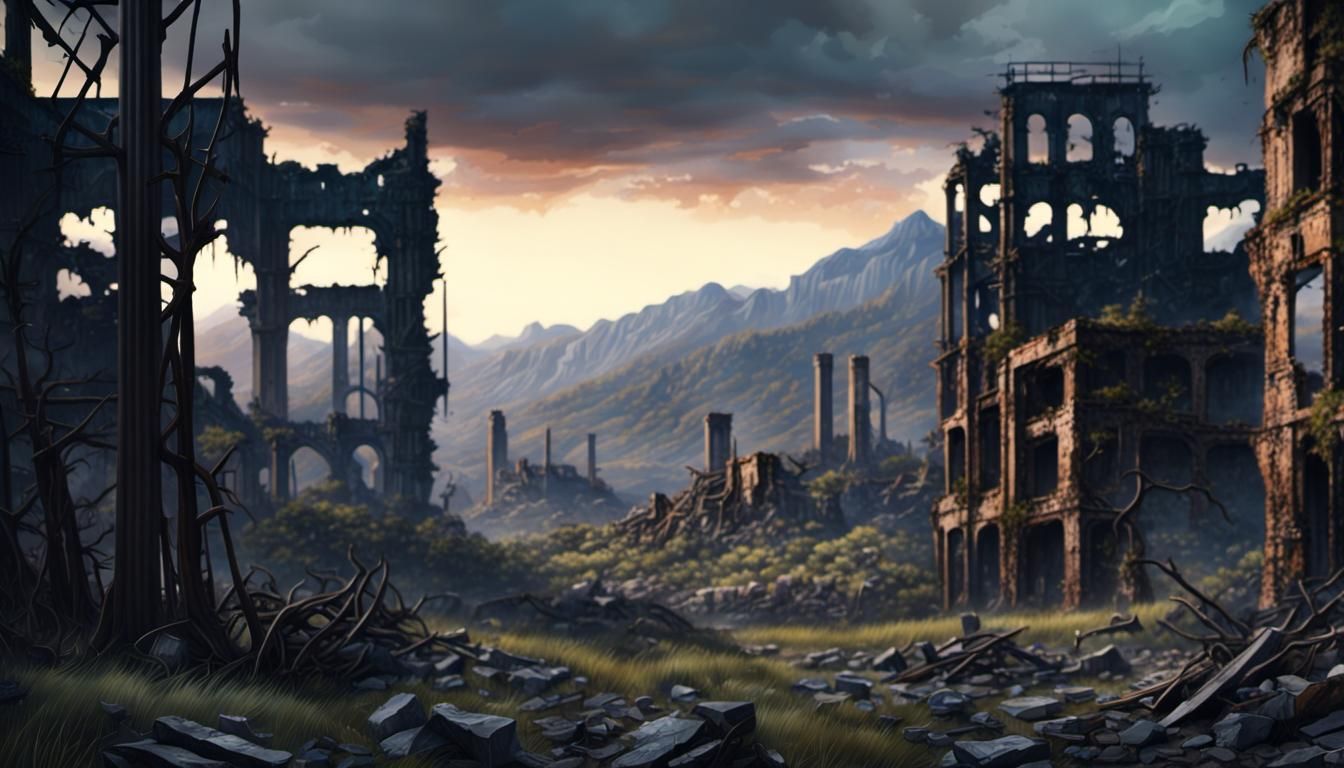 Post-Apocalyptic City Ruins at Dusk