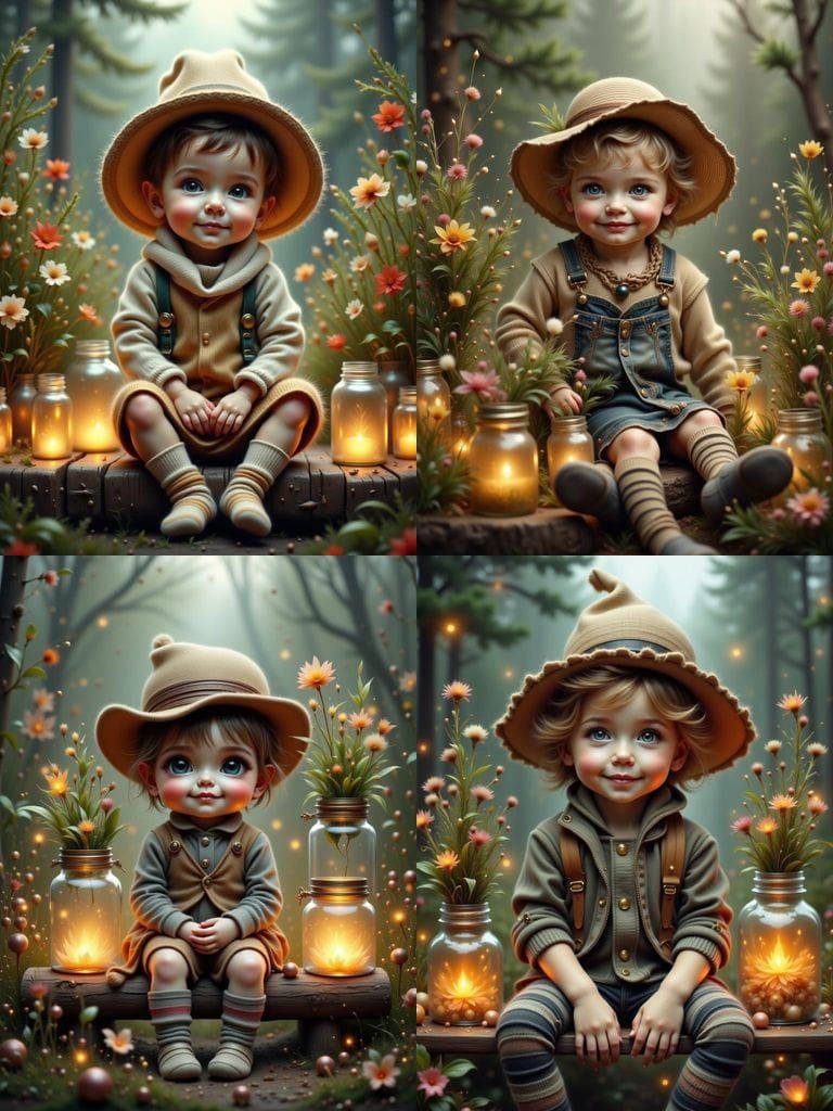 Cute Boy in Fairy Tale Forest with Glowing Jars