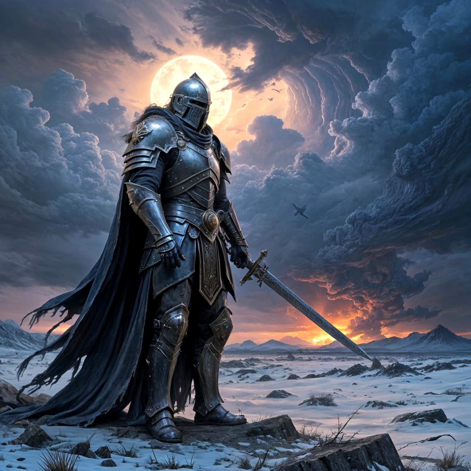 Lone Knight on Desolate Battlefield, Dark Fantasy Armor