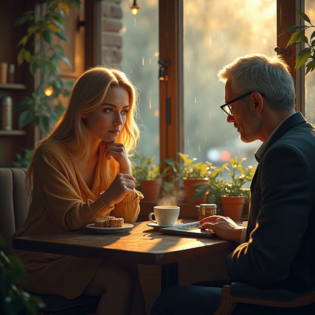 Cozy Cafe Scene with Woman Enjoying Cappuccino