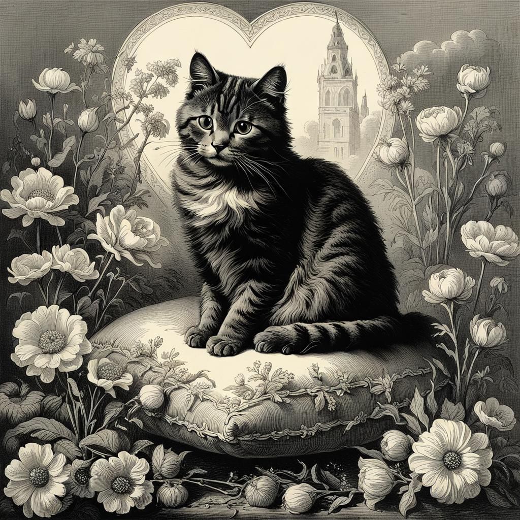 Cute Cat Surrounded by Flowers in Engraving Style