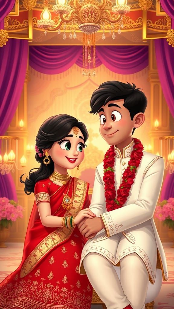 Cartoon Indian Wedding Scene in Whimsical Style