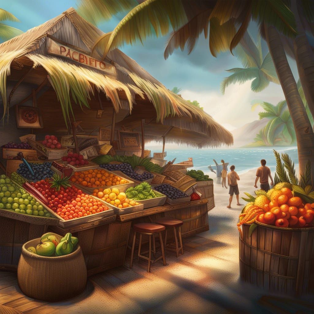 Colorful Pacific Island Marketplace in Splash Art Style