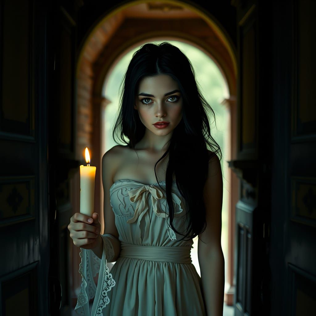 Enigmatic Girl in Castle Hallway with Candle